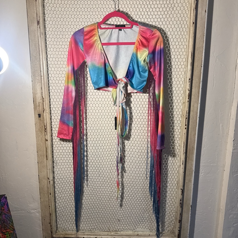 Colorful Tie-Dye Fringe Crop Top dollskill fringe rainbow